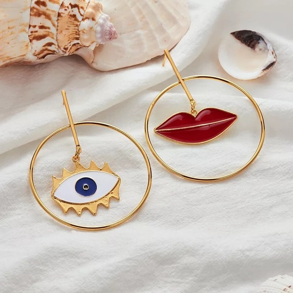 Boho Gold Big Hoop Lip and Eye Earrings - Picture 4 of 5